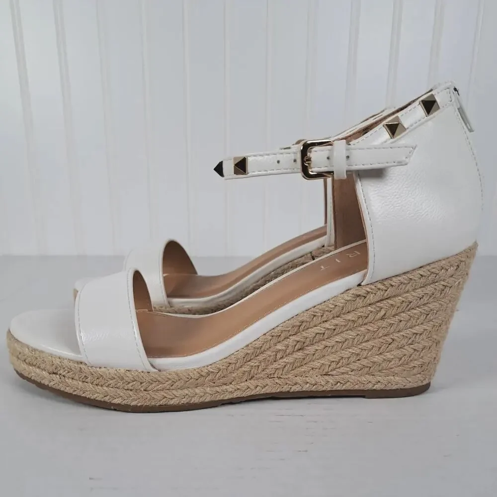 Esprit Espadrille Wedge Sandals White Studded Ankle Strap Back Zipper Womens 8.5